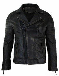 Miesten Slim Fit -nahkainen ristivetoketjullinen retro-vintage-Brandotakki, Vintage Biker-Ruboff Black