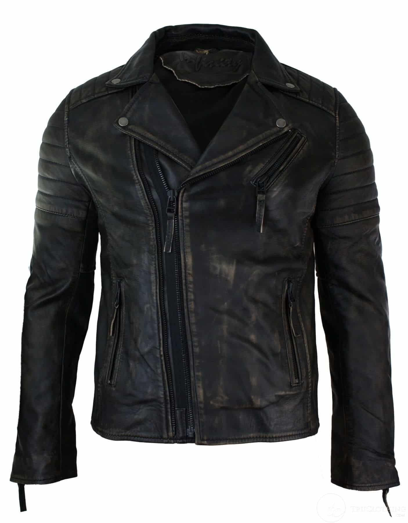 Miesten Slim Fit -nahkainen ristivetoketjullinen retro-vintage-Brandotakki, Vintage Biker-Ruboff Black