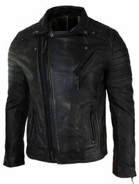 Miesten Slim Fit -nahkainen ristivetoketjullinen retro-vintage-Brandotakki, Vintage Biker-Ruboff Black