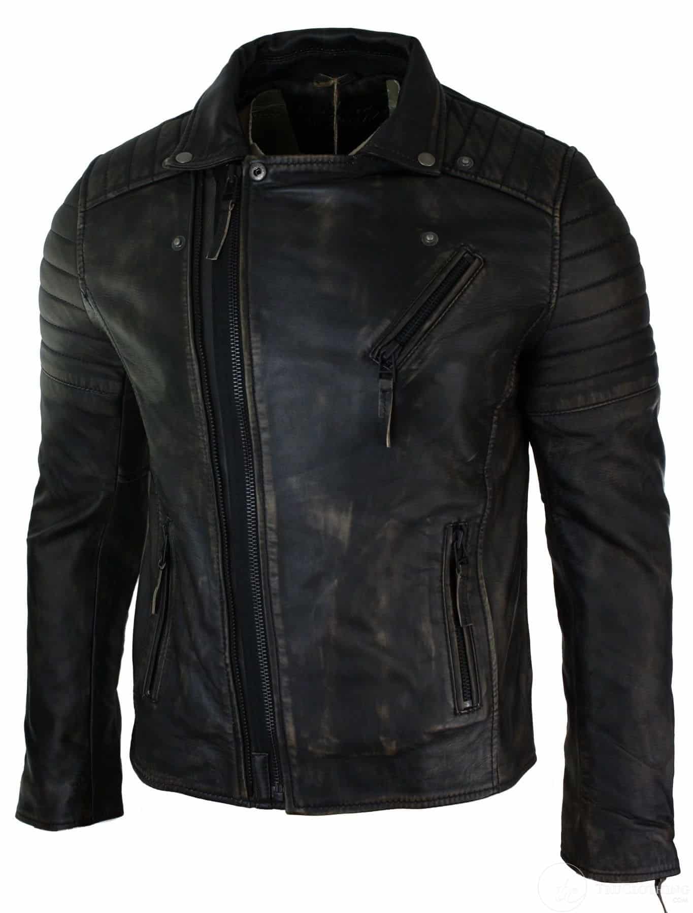 Miesten Slim Fit -nahkainen ristivetoketjullinen retro-vintage-Brandotakki, Vintage Biker-Ruboff Black