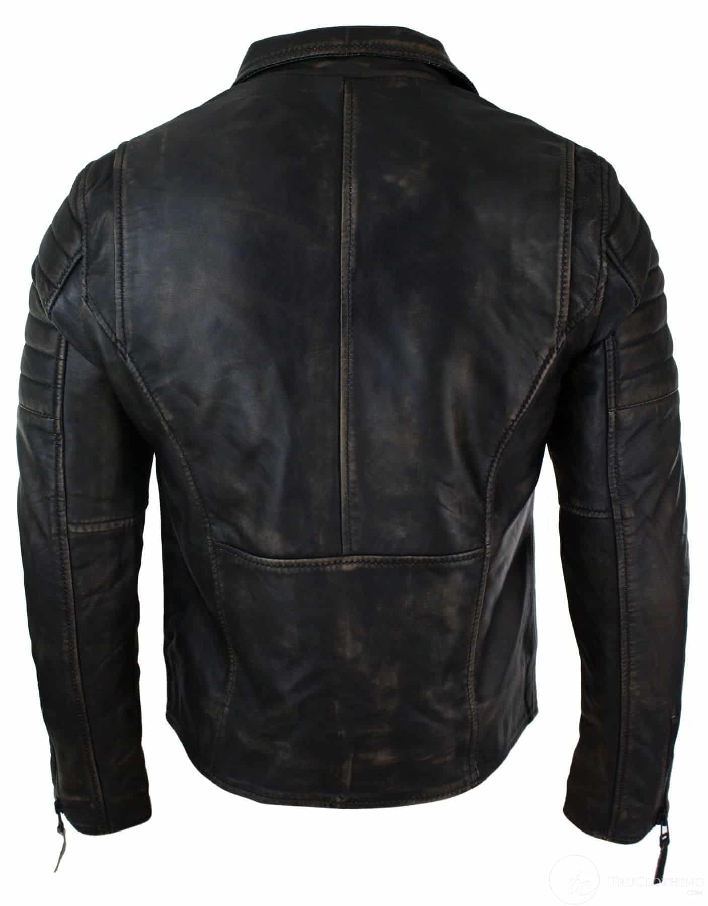 Miesten Slim Fit -nahkainen ristivetoketjullinen retro-vintage-Brandotakki, Vintage Biker-Ruboff Black