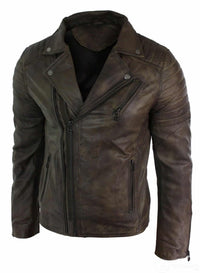 Aitoa nahkaa, kapea istuvuus, ristivetoketjullinen retro vintage Brando miesten takki, vintage biker-ruskea