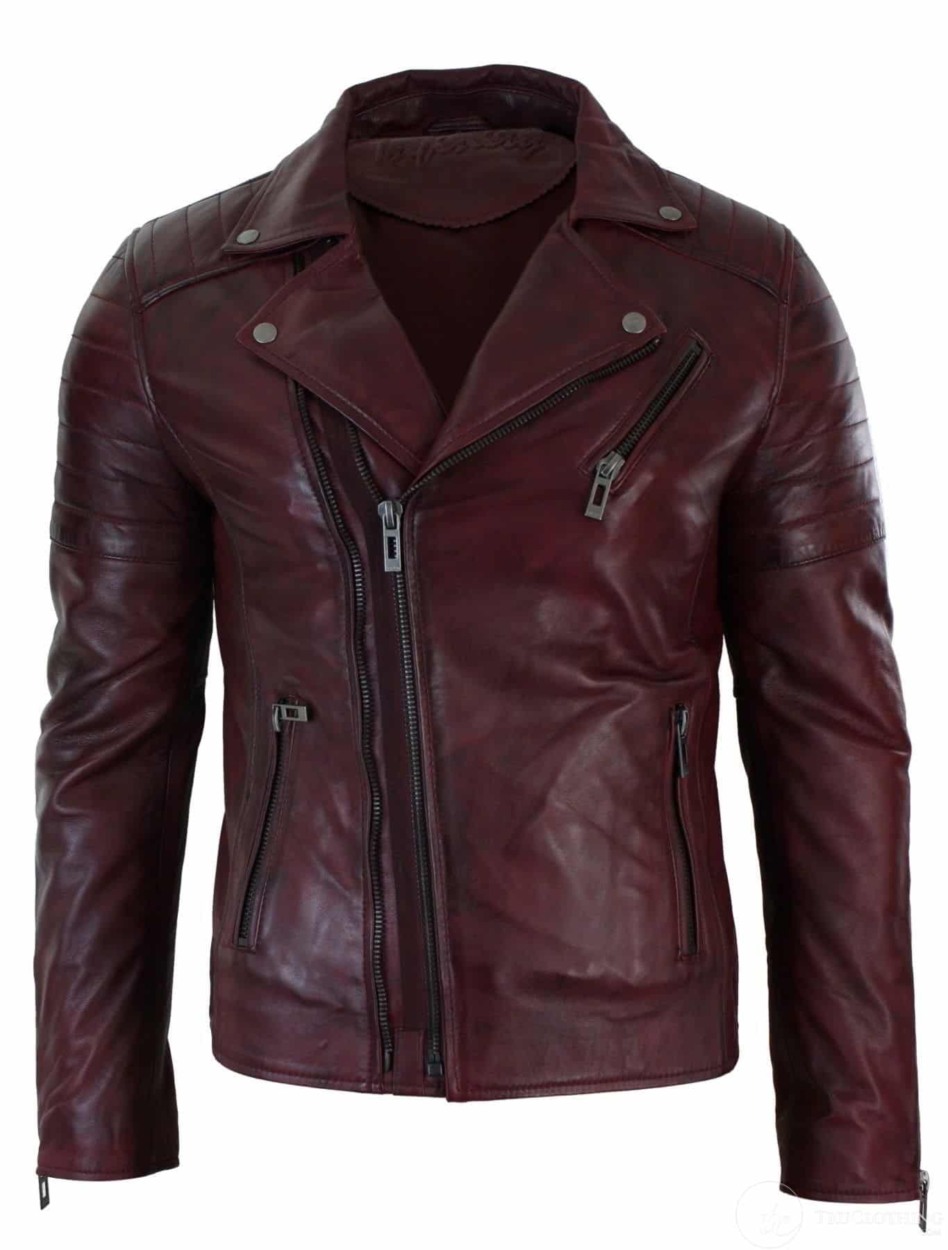 Aitoa nahkaa, kapea istuvuus, ristivetoketjullinen retro vintage Brando miesten takki, vintage biker-viininpunainen