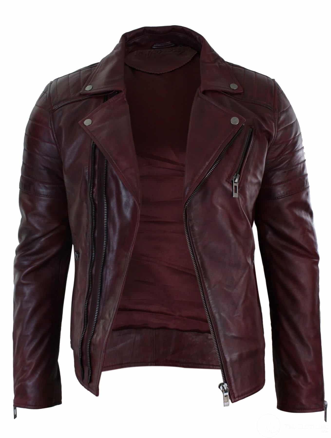 Aitoa nahkaa, kapea istuvuus, ristivetoketjullinen retro vintage Brando miesten takki, vintage biker-viininpunainen