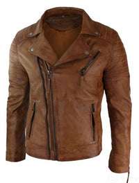 Aitoa nahkaa, kapea istuvuus, ristivetoketjullinen miesten retro vintage brandotakki, vintage biker-ruskea
