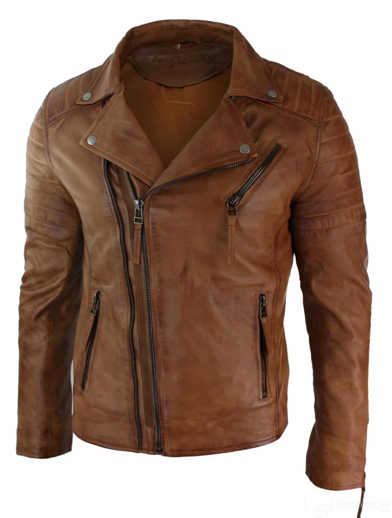 Aitoa nahkaa, kapea istuvuus, ristivetoketjullinen miesten retro vintage brandotakki, vintage biker-ruskea