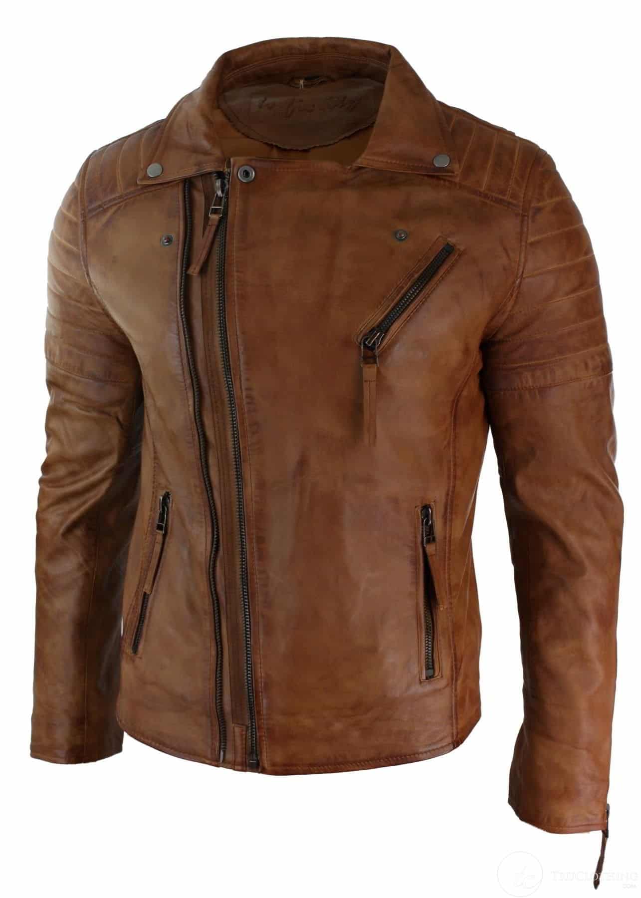 Aitoa nahkaa, kapea istuvuus, ristivetoketjullinen miesten retro vintage brandotakki, vintage biker-ruskea