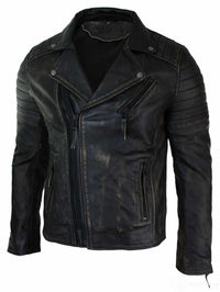 Miesten Slim Fit -nahkainen ristivetoketjullinen retro-vintage-Brandotakki, Vintage Biker-Ruboff Black