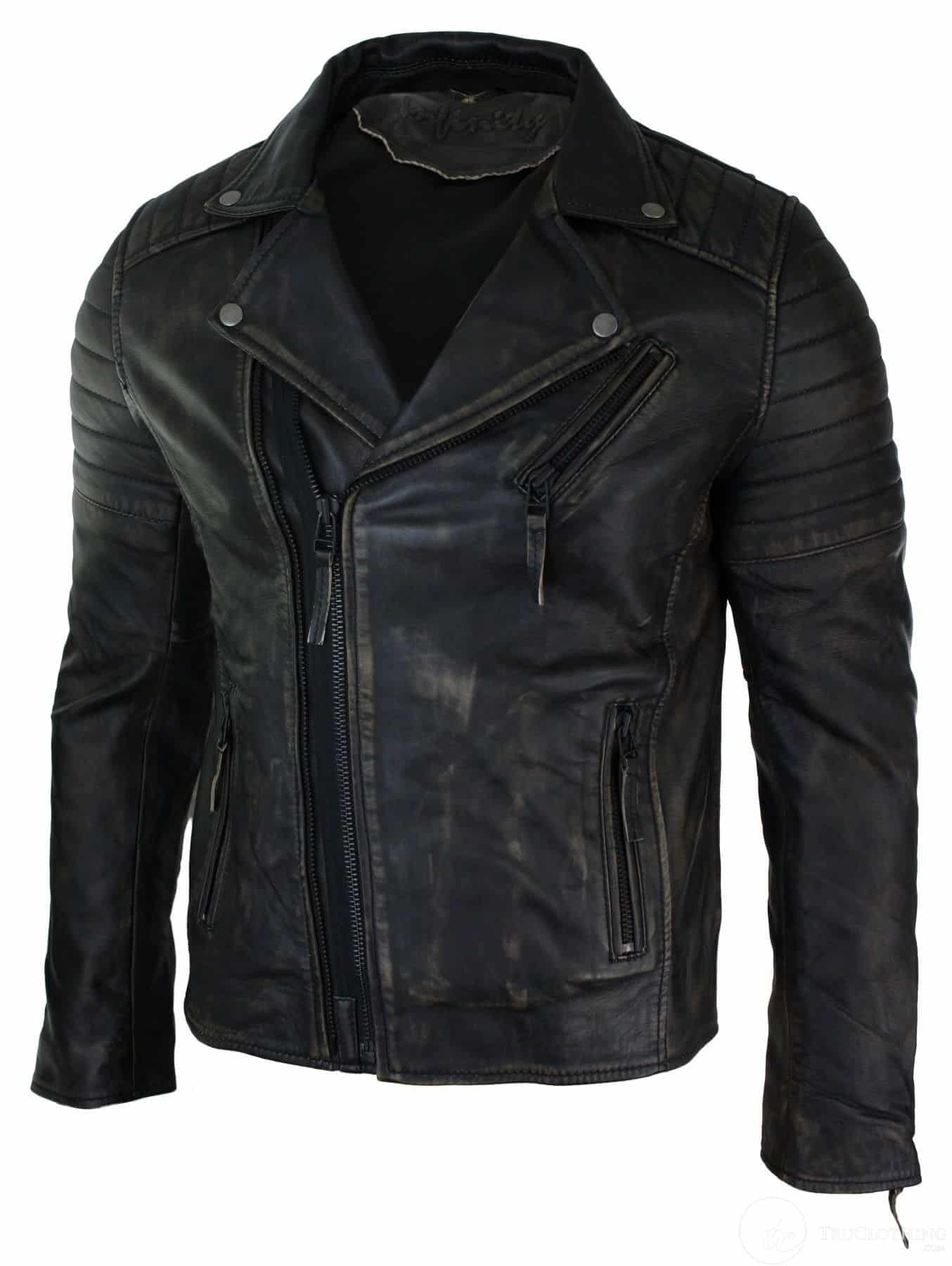 Miesten Slim Fit -nahkainen ristivetoketjullinen retro-vintage-Brandotakki, Vintage Biker-Ruboff Black