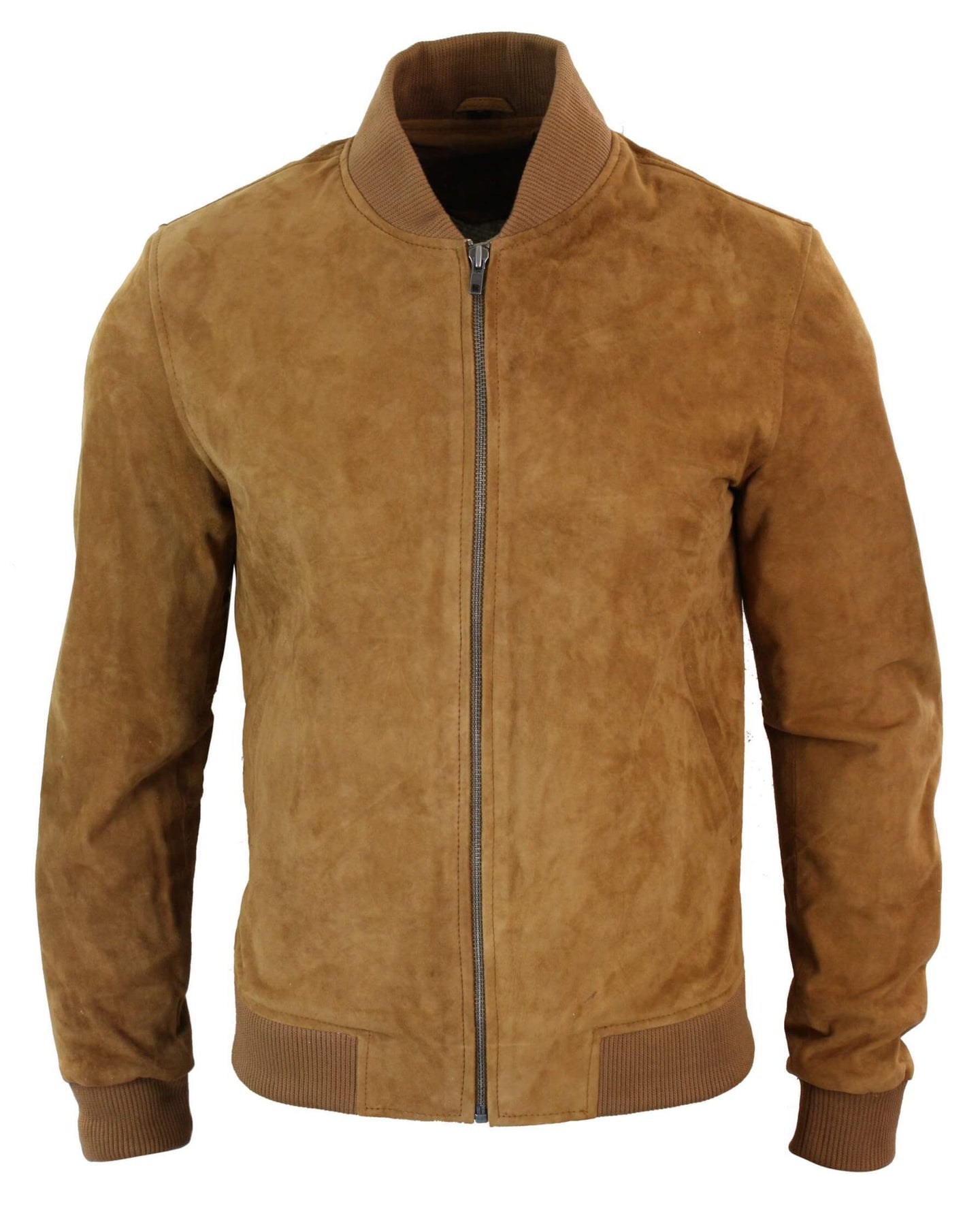 Varsity miesten aitoa mokkanahkaa ja nahkaa, bomber-collegetakki, klassinen retro-vintage-kuvio, ruskea