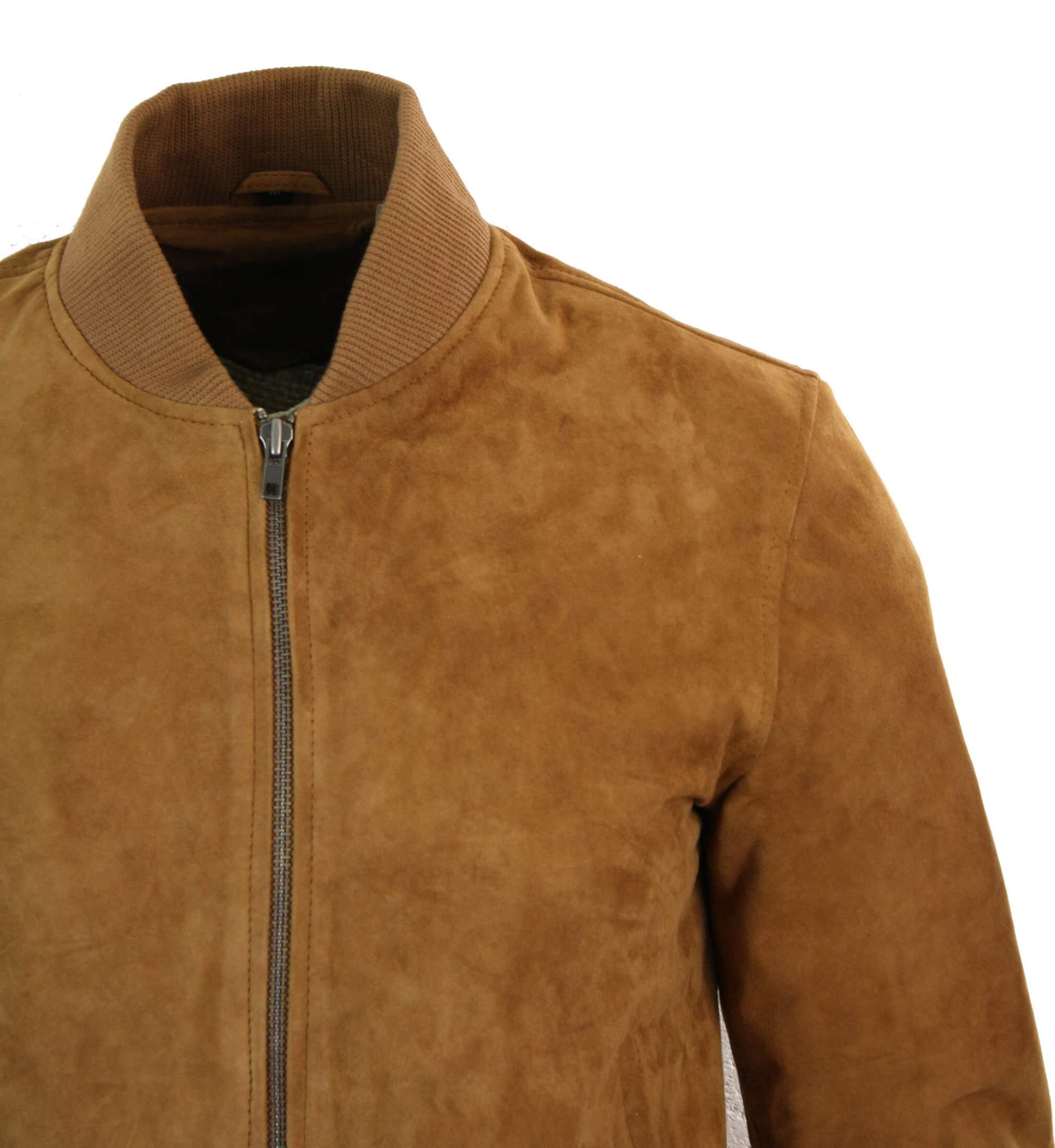 Varsity miesten aitoa mokkanahkaa ja nahkaa, bomber-collegetakki, klassinen retro-vintage-kuvio, ruskea