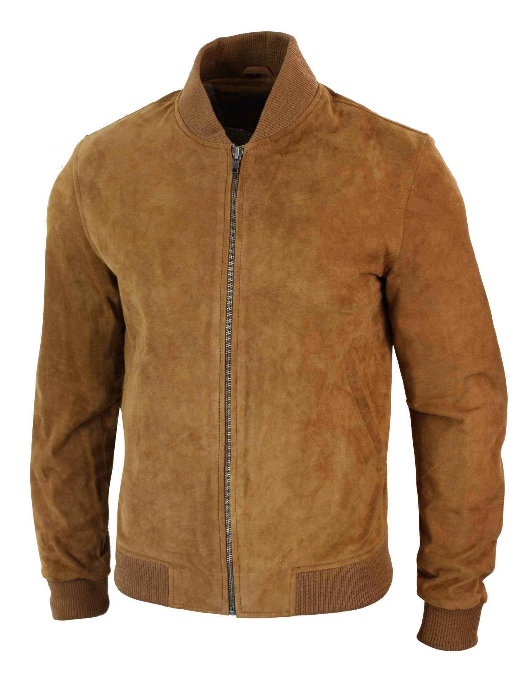 Varsity miesten aitoa mokkanahkaa ja nahkaa, bomber-collegetakki, klassinen retro-vintage-kuvio, ruskea
