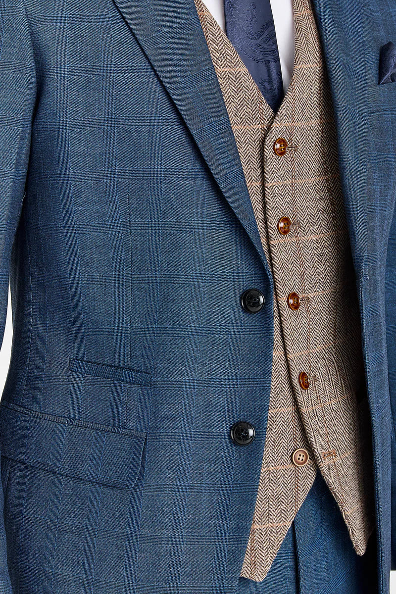 Viceroy Navy -puku ja Harris Brown -kuvioinen tweed-väriliivi