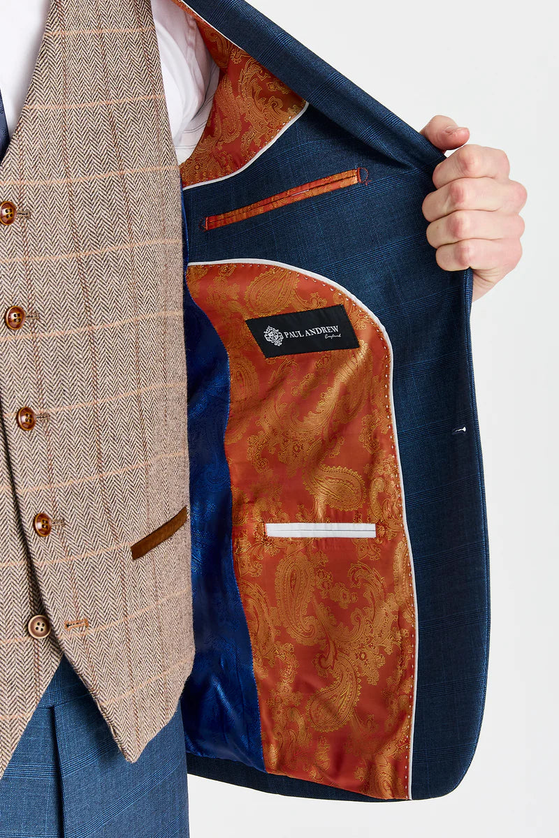 Viceroy Navy -puku ja Harris Brown -kuvioinen tweed-väriliivi