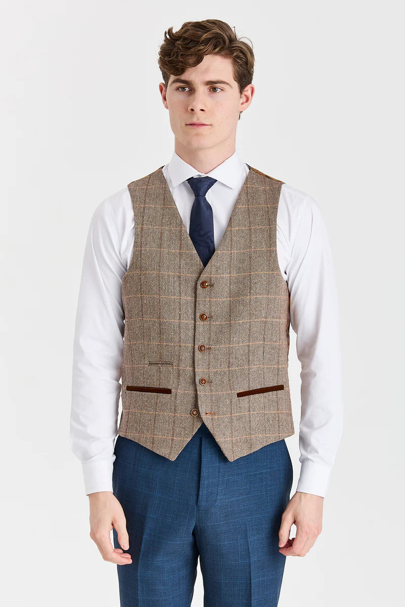 Viceroy Navy -puku ja Harris Brown -kuvioinen tweed-väriliivi