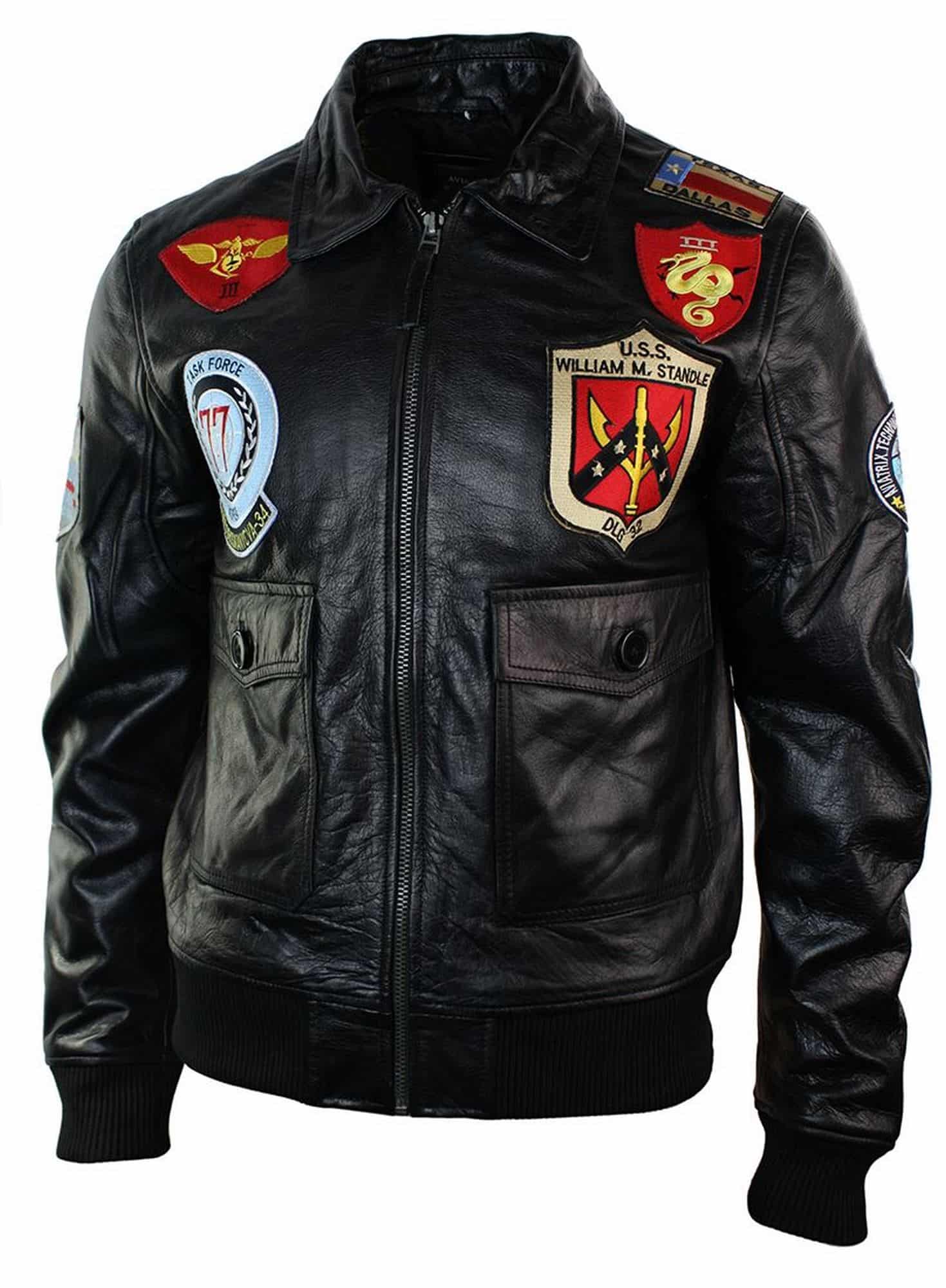 Miesten aitoa nahkaa, US Aviator -ilmavoimien lentäjän bombertakki, musta turkiskaulus - musta