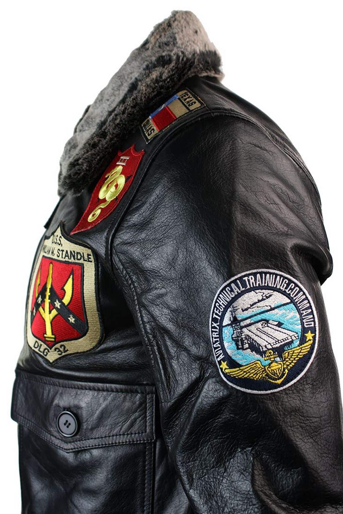 Miesten aitoa nahkaa, US Aviator -ilmavoimien lentäjän bombertakki, musta turkiskaulus - musta