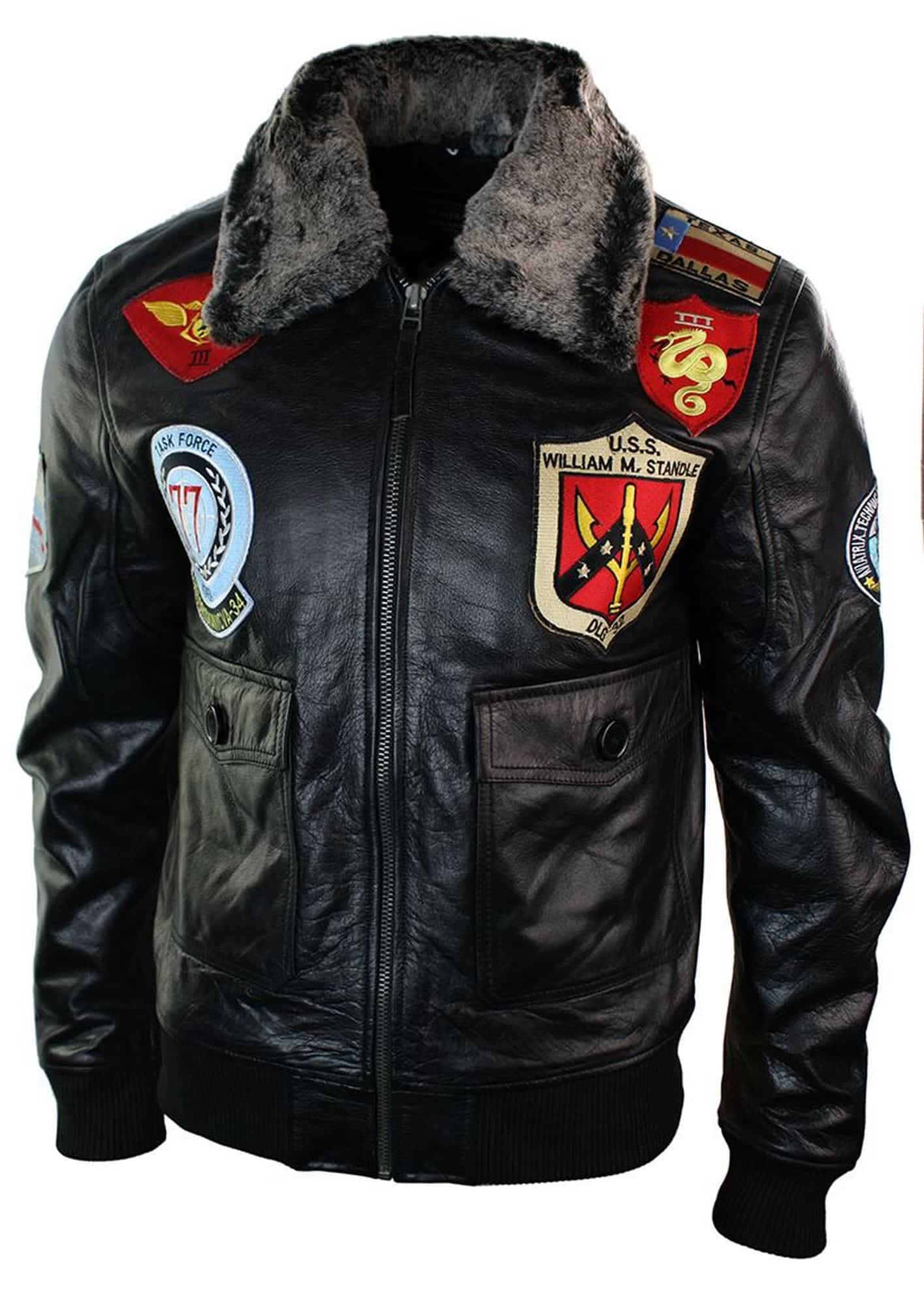 Miesten aitoa nahkaa, US Aviator -ilmavoimien lentäjän bombertakki, musta turkiskaulus - musta