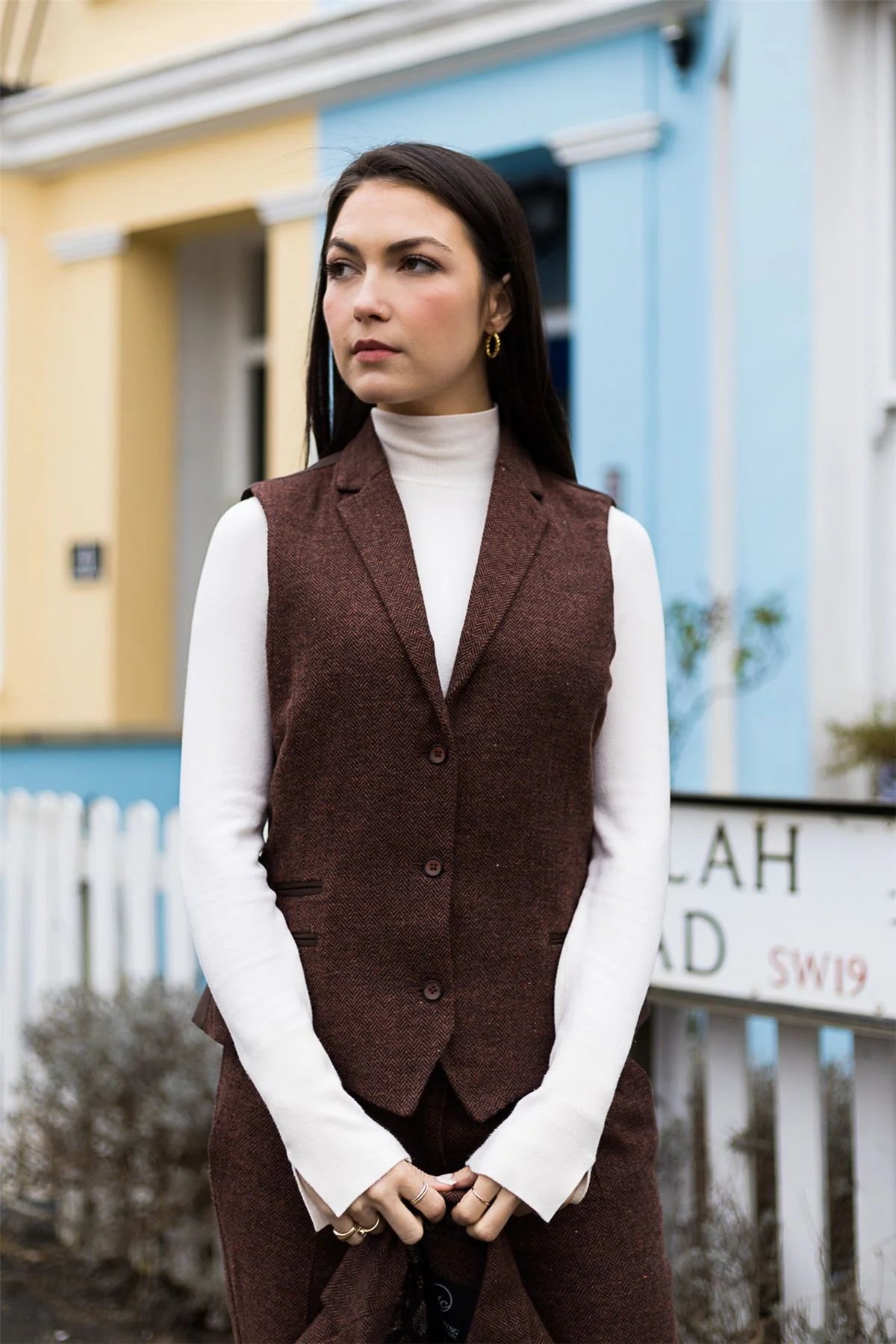 WS-12 - Naisten tweed-pukuliivi kalanruotokuvioisella villakankaalla, ruosteenruskea