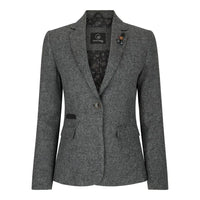 Naisten harmaa tweed-bleiseri kalanruotokuviolla, 1920-luvun huippumalli, mittatilaustyönä tehty istuvuus, vintage retro