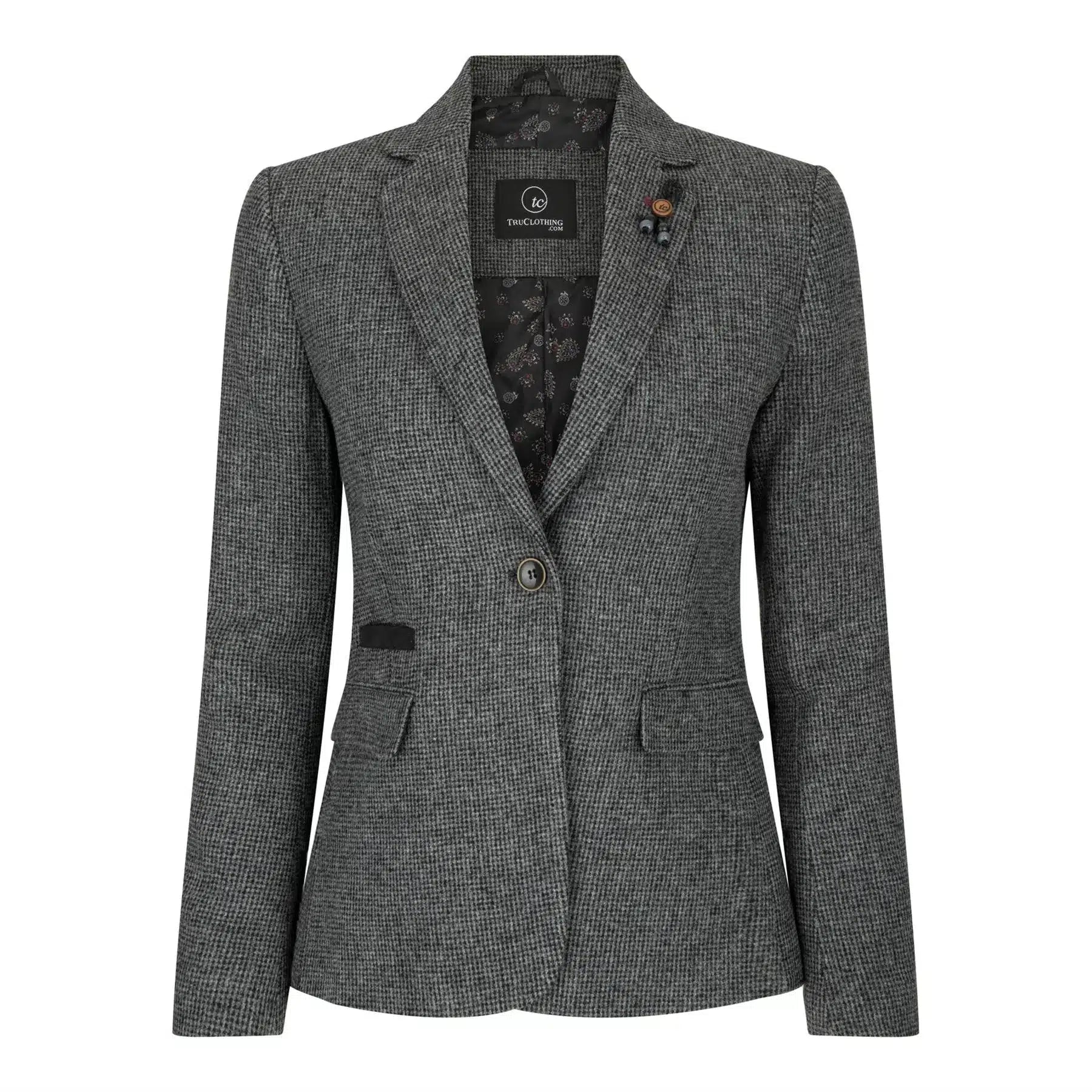 Naisten harmaa tweed-bleiseri kalanruotokuviolla, 1920-luvun huippumalli, mittatilaustyönä tehty istuvuus, vintage retro