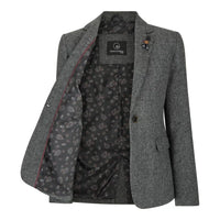 Naisten harmaa tweed-bleiseri kalanruotokuviolla, 1920-luvun huippumalli, mittatilaustyönä tehty istuvuus, vintage retro