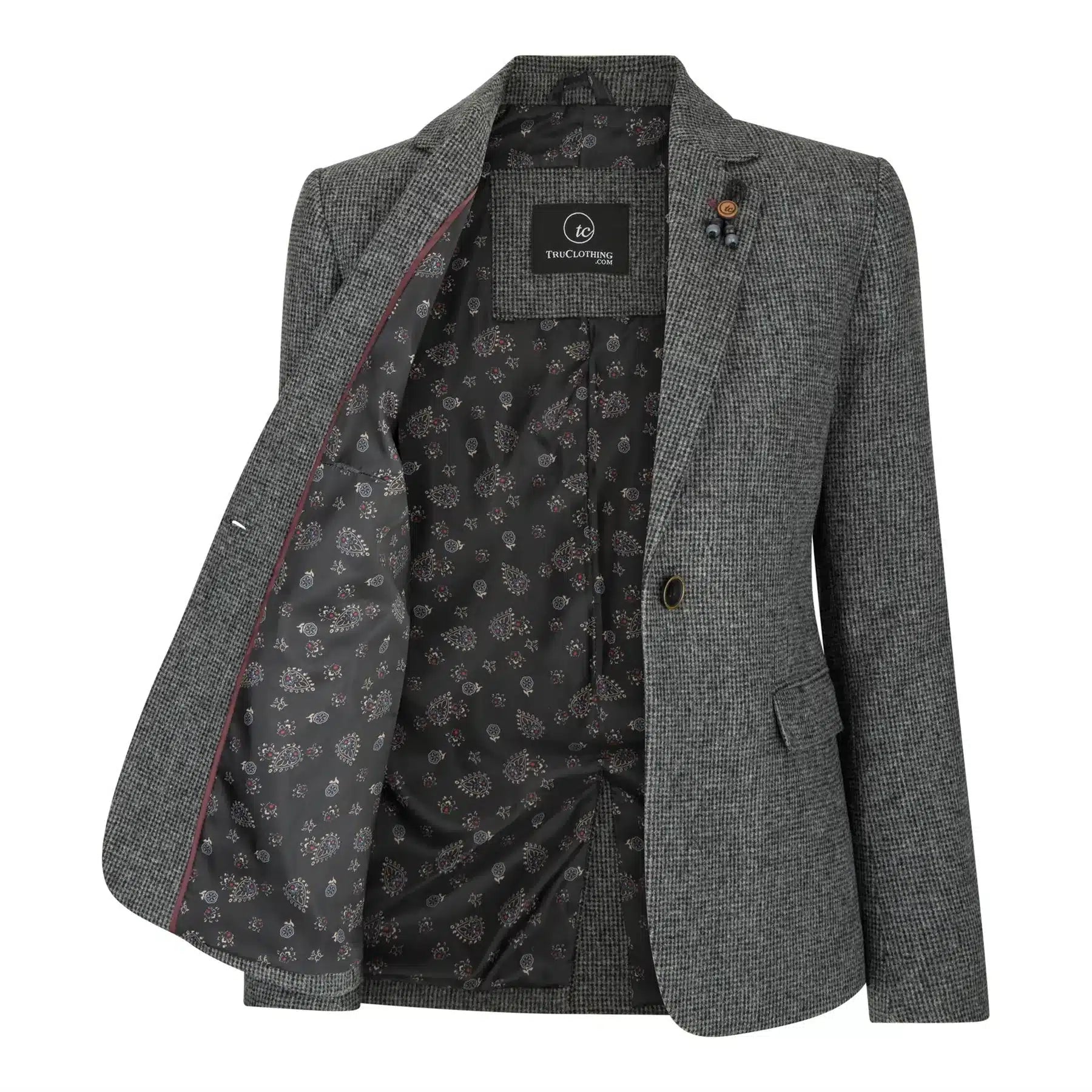 Naisten harmaa tweed-bleiseri kalanruotokuviolla, 1920-luvun huippumalli, mittatilaustyönä tehty istuvuus, vintage retro