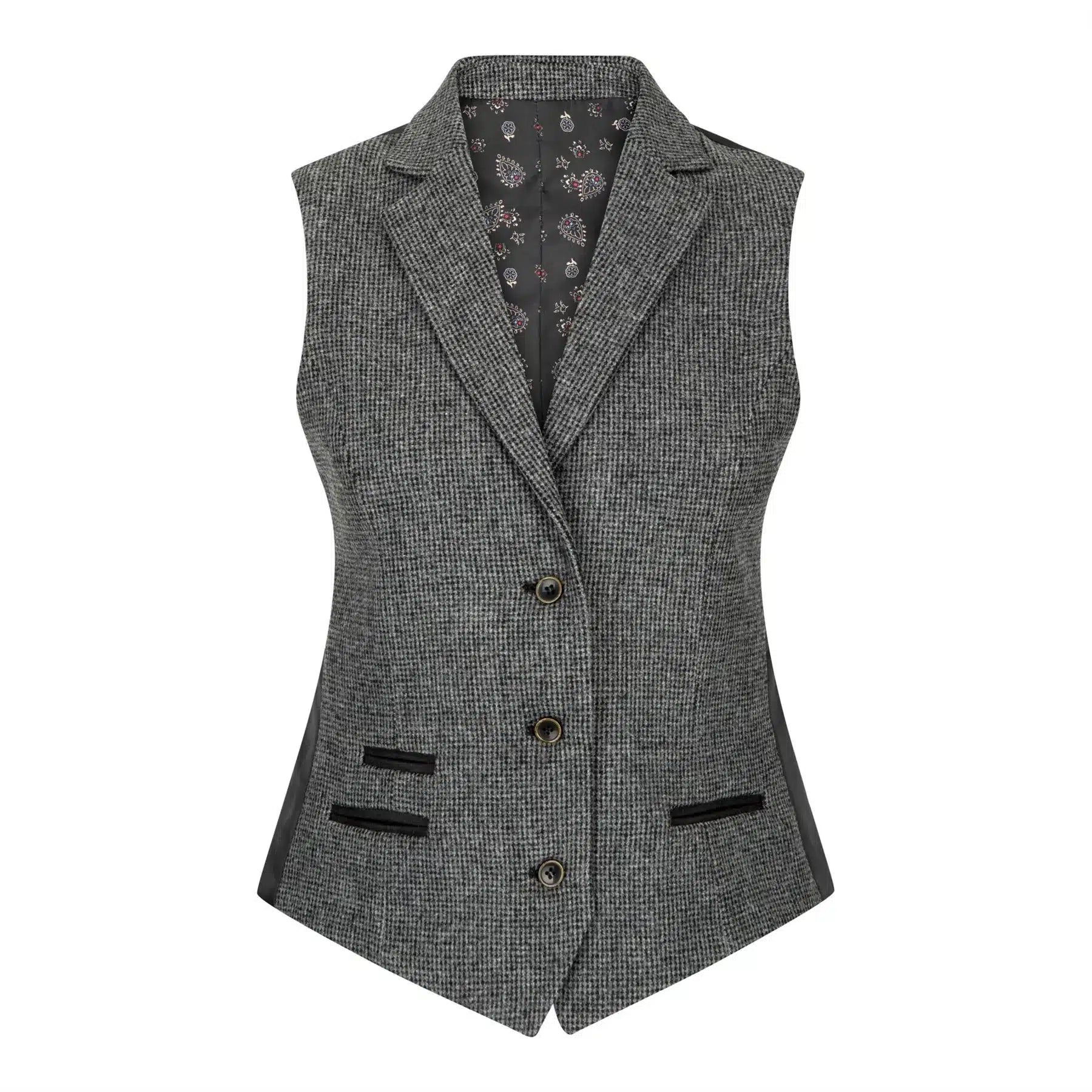 Naisten harmaa tweed-liivi kalanruotokuviolla, 1920-luvun huippumalli, mittatilaustyönä tehty, vintage retro