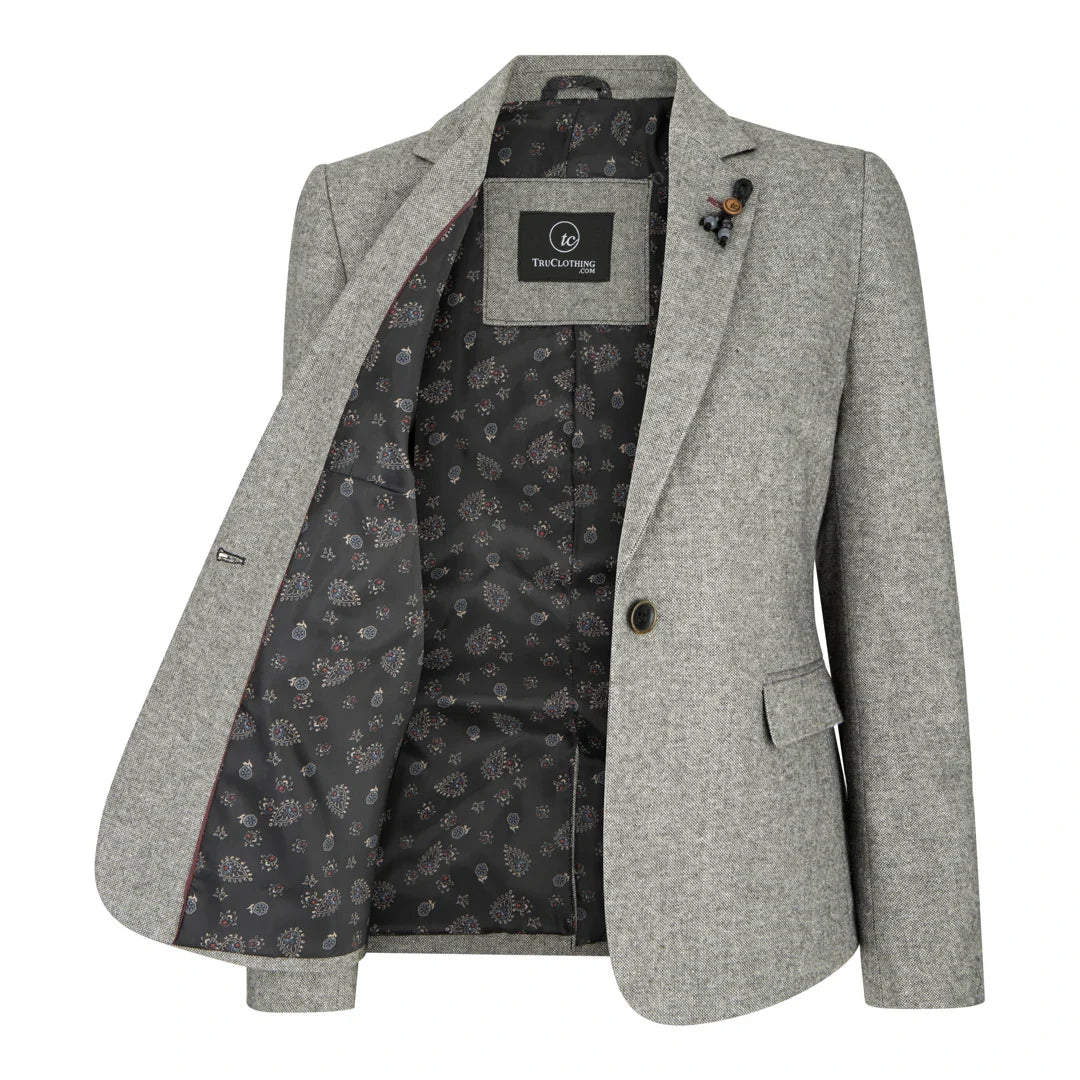 wsn03 - Naisten harmaa tweed-bleiseri, Elow Patch -kuvio, Peaky 1920s