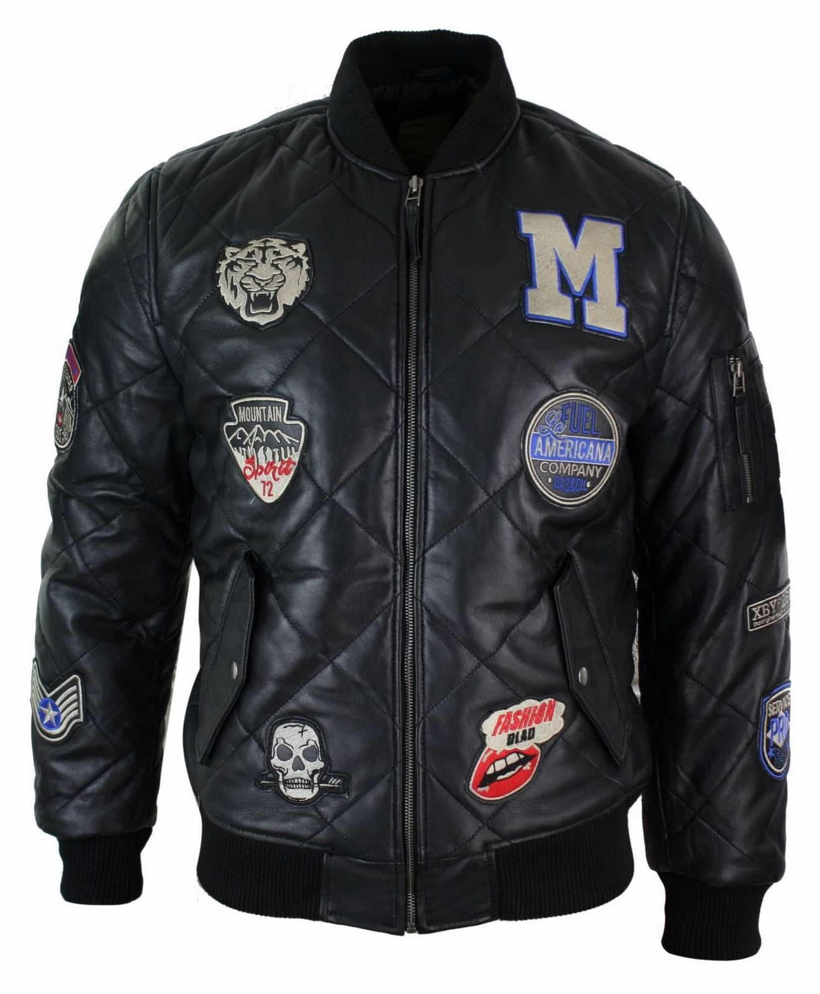 Miesten aidosta nahkaisesta tikatusta toppatakista valmistettu Varsity Baseball -pommittajatakki, jossa Letterman-merkki