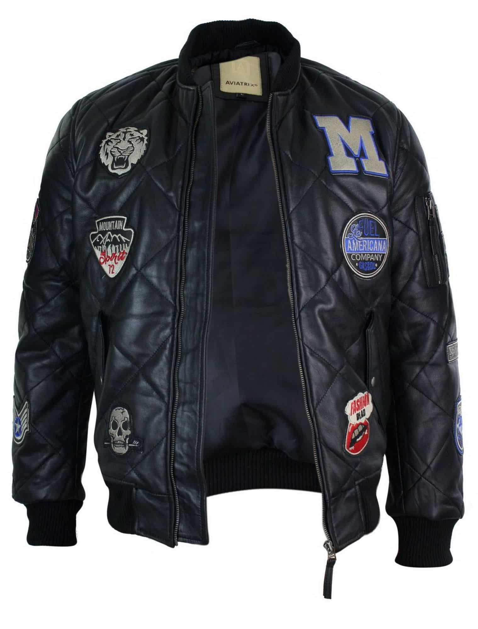 Miesten aidosta nahkaisesta tikatusta toppatakista valmistettu Varsity Baseball -pommittajatakki, jossa Letterman-merkki